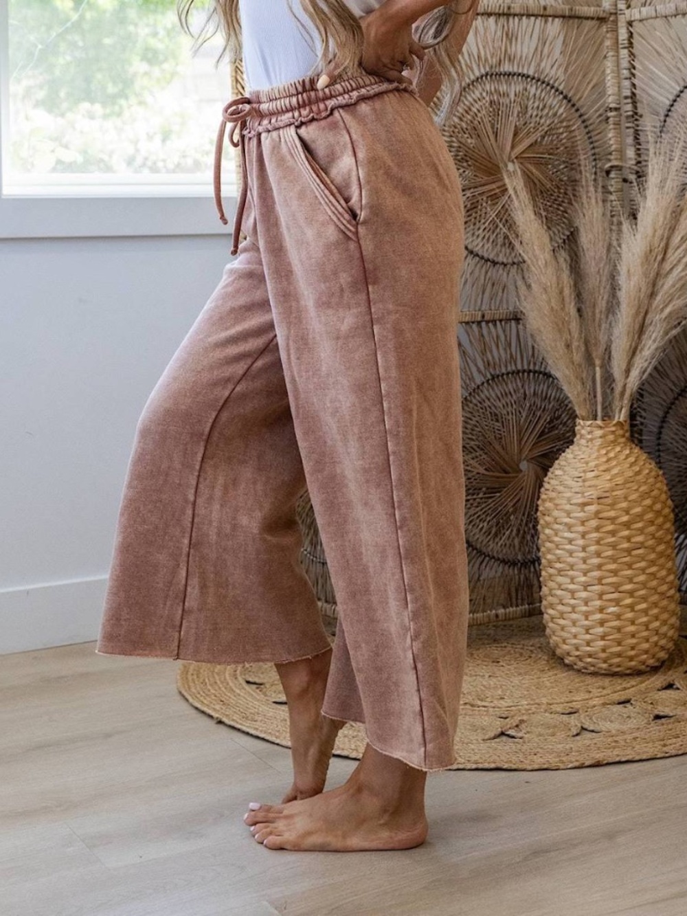 Zenana Acid Washed Palazzo Pants Cropped & Wide leg in Color Rust Size Small - Picture 2 of 8